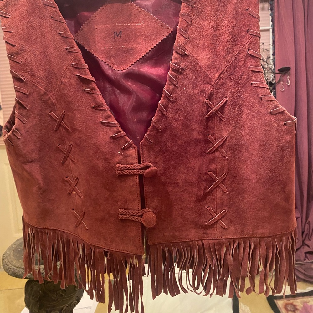 Wine / burgundy color leather fringe vest